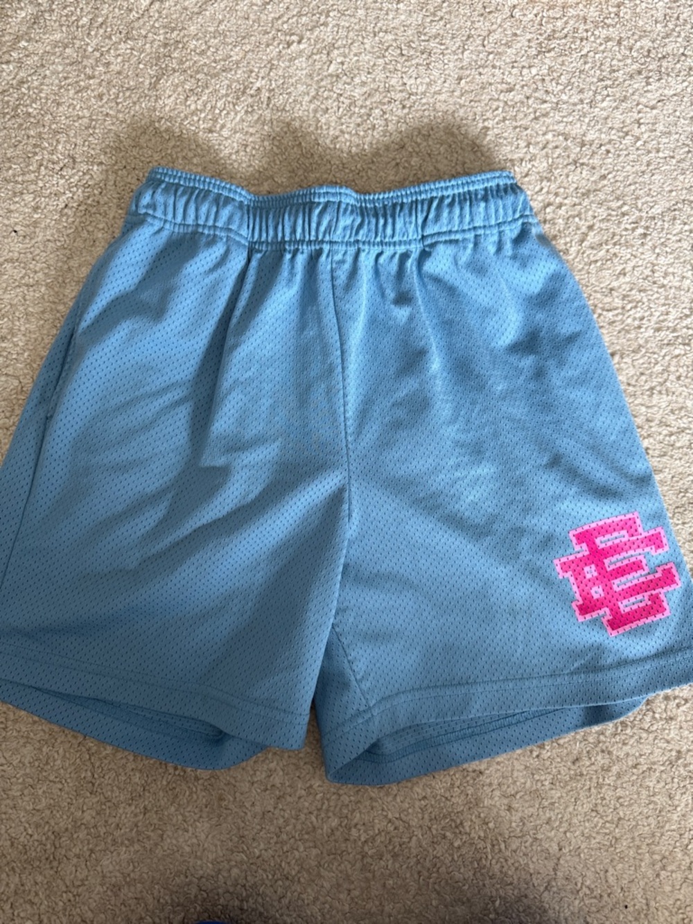 Eric Emanuel Light Blue Mesh Athletic Shorts with Pink Logo